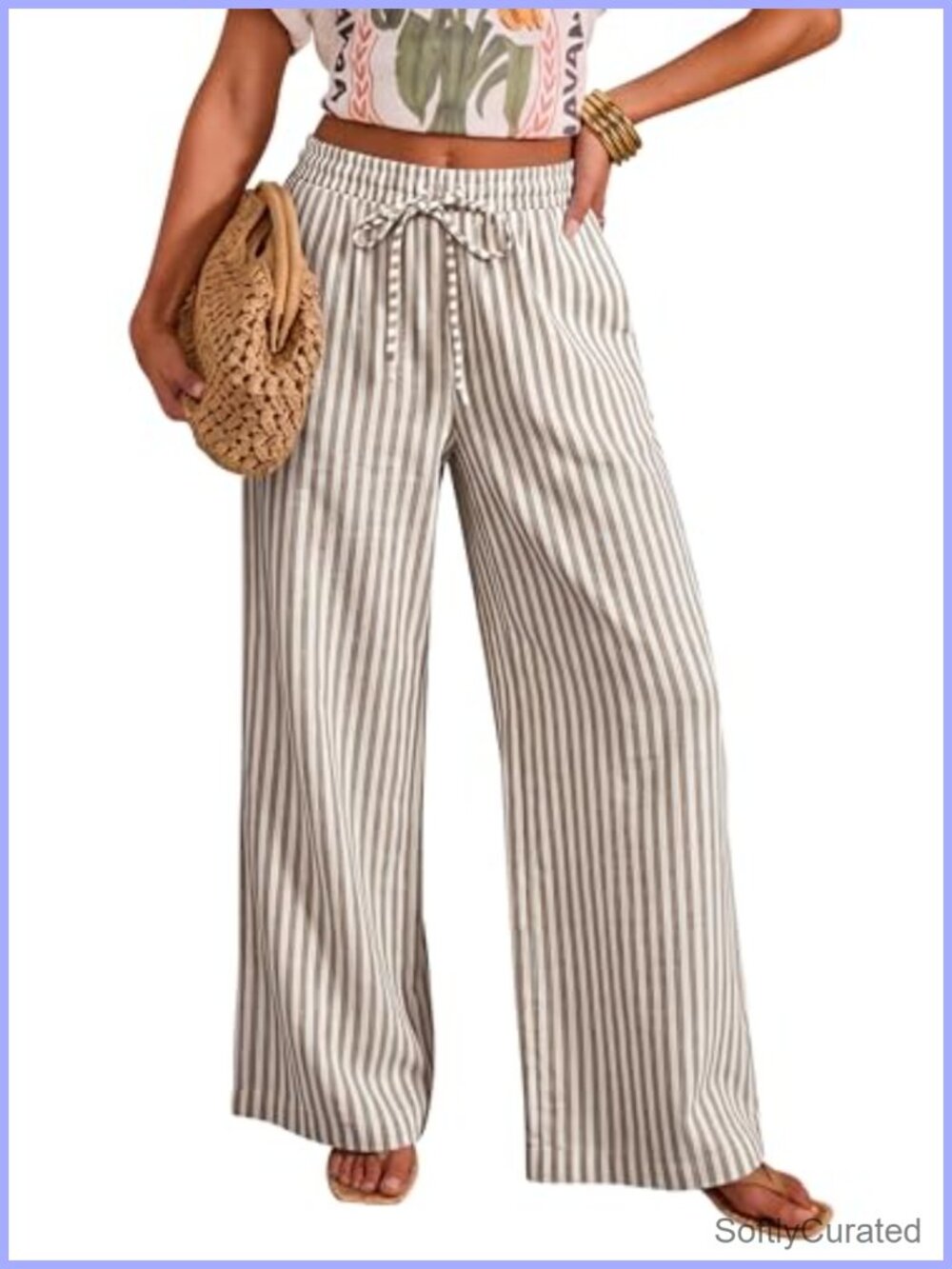 Women's 100% Cotton Striped Wide Leg Palazzo Pants Drawstring High Waist Lounge